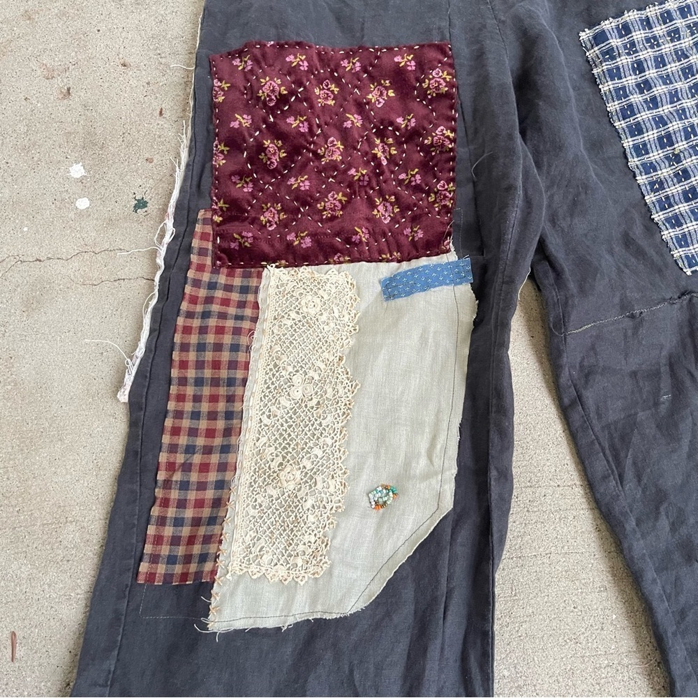 Upcycled MUJI hand stitched patchwork 100% Linen drawstring pants size Medium - Picture 4 of 10